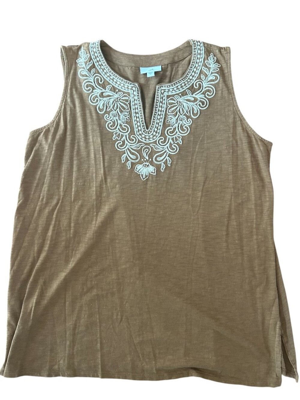 J. Jill Brown Sleeveless Tunic Tank Embroidered V-neck Size Large Relaxed Fit